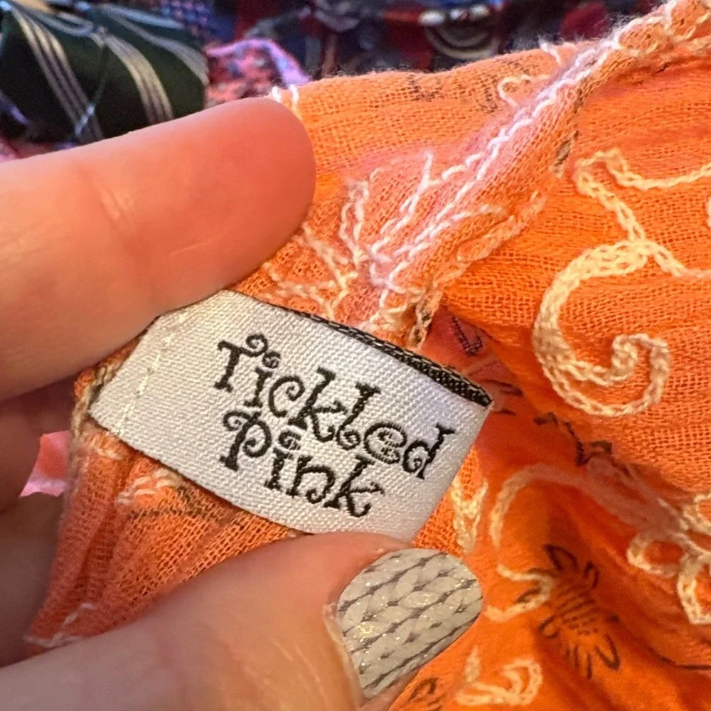 Tickled Pink Orange cream Mesh Crochet Embroidered Floral Scarf Fringe Cotton